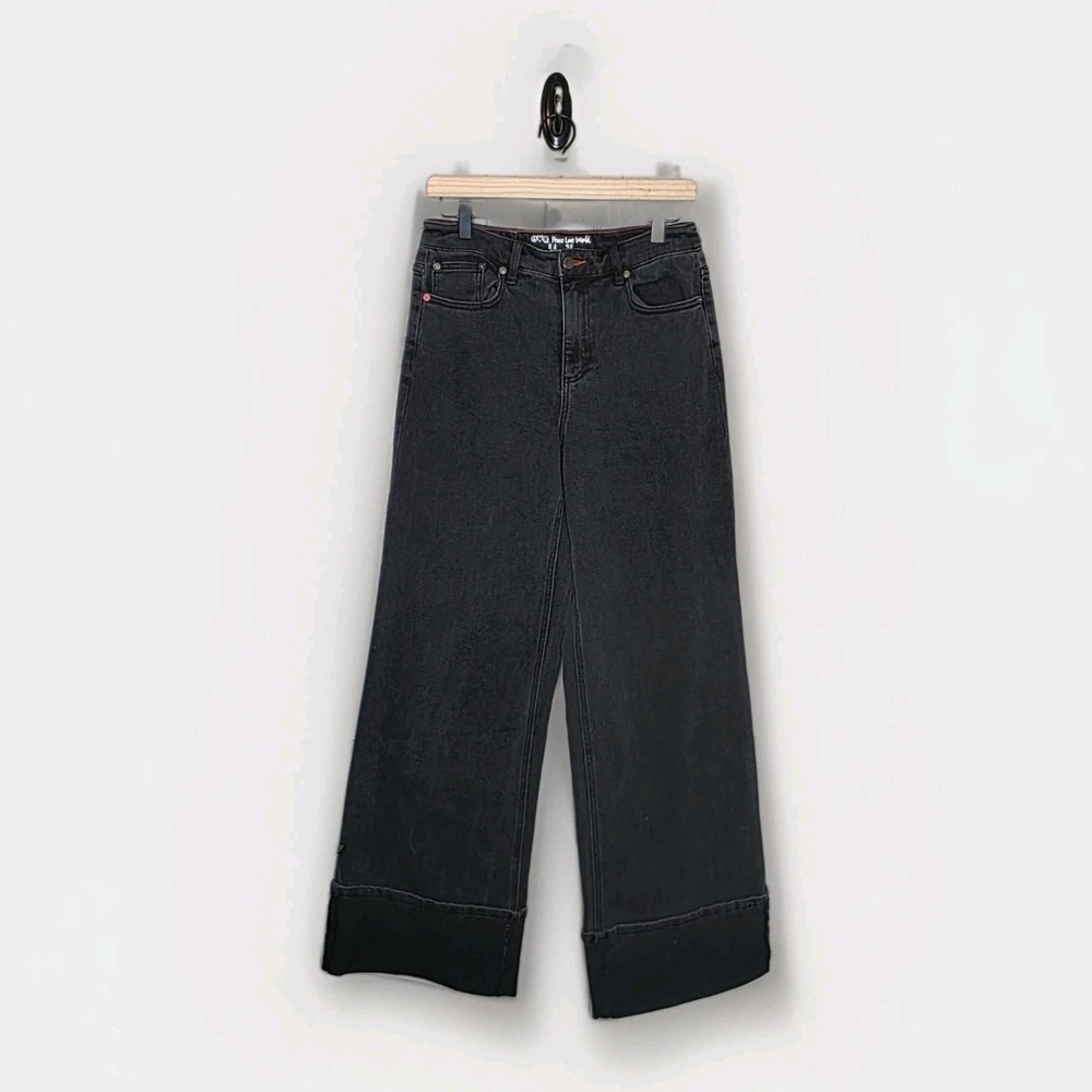 Peace Love World Wide-Leg Barrel Jeans‎ Oversized Cuffs Black Wash Denim  Sz 8